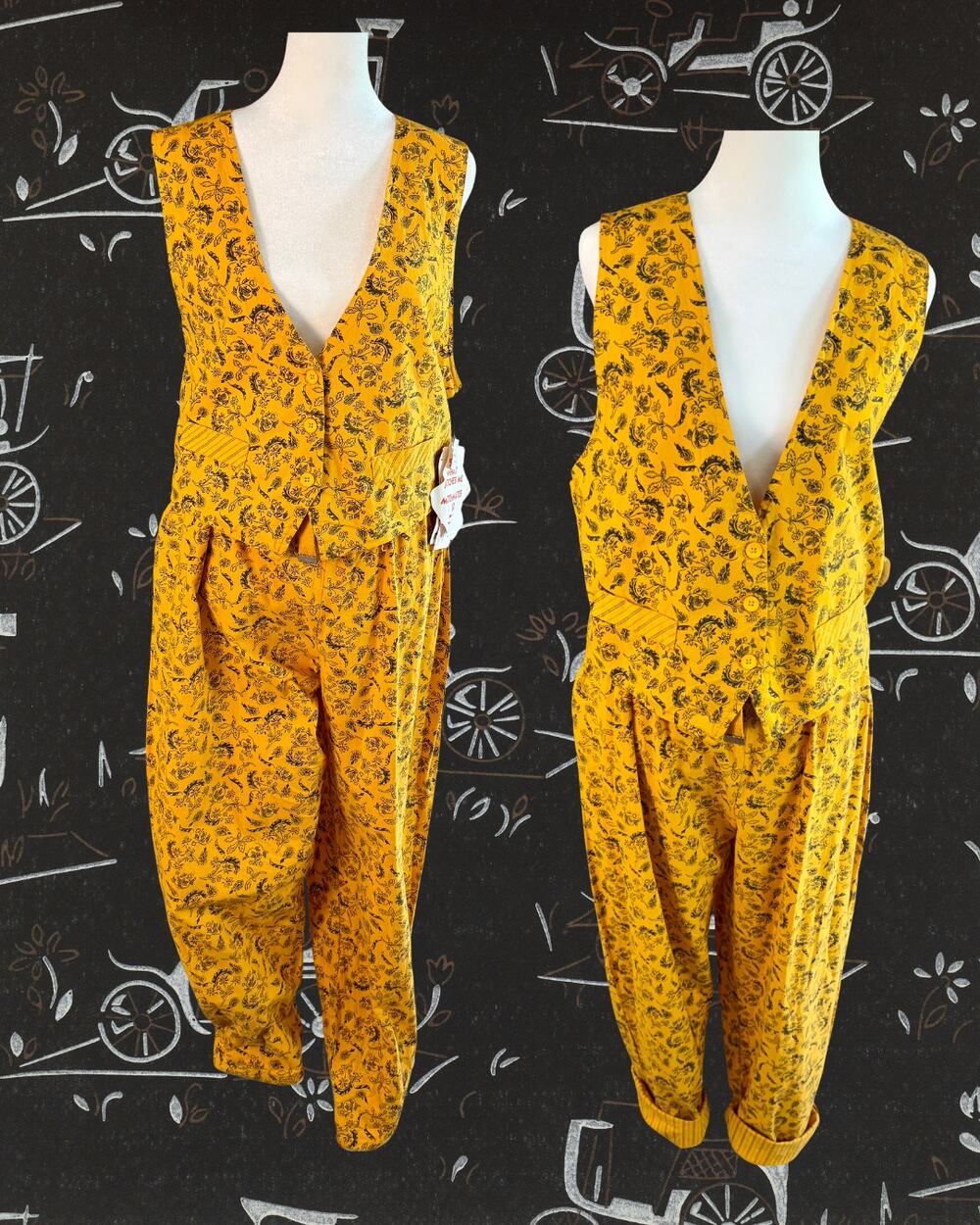 NWT VTG 80s 90s Fashion Force Paisley Floral Vest & Pants Set Mustard Yellow L